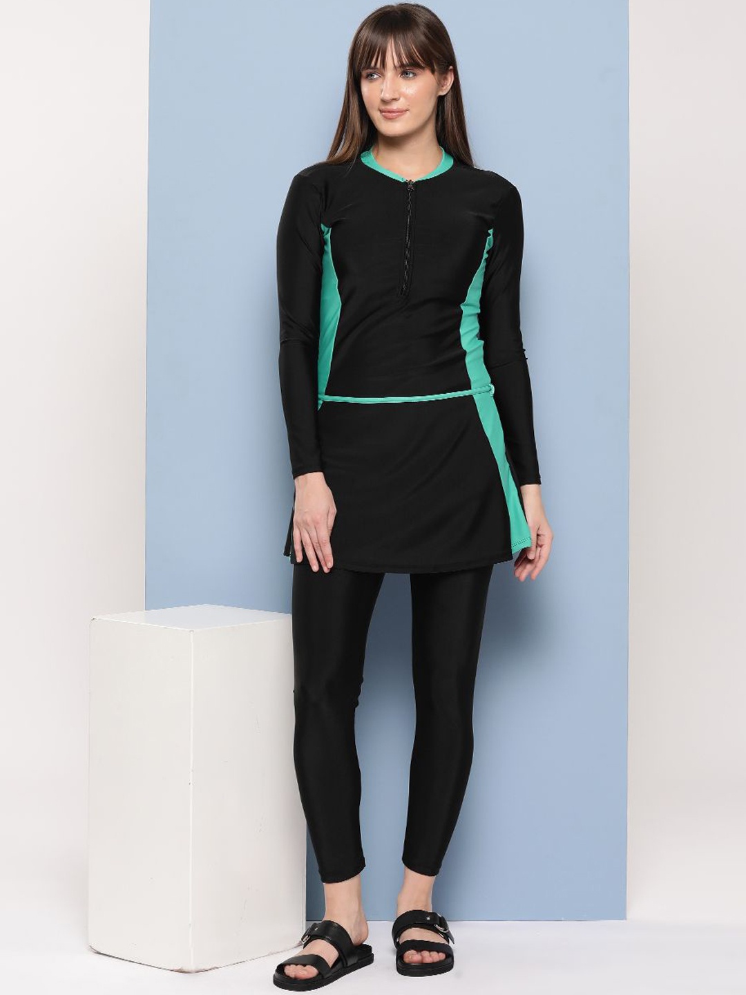 

BAESD Colorblocked Full-Coverage Swim Dress With Attached Tights, Black