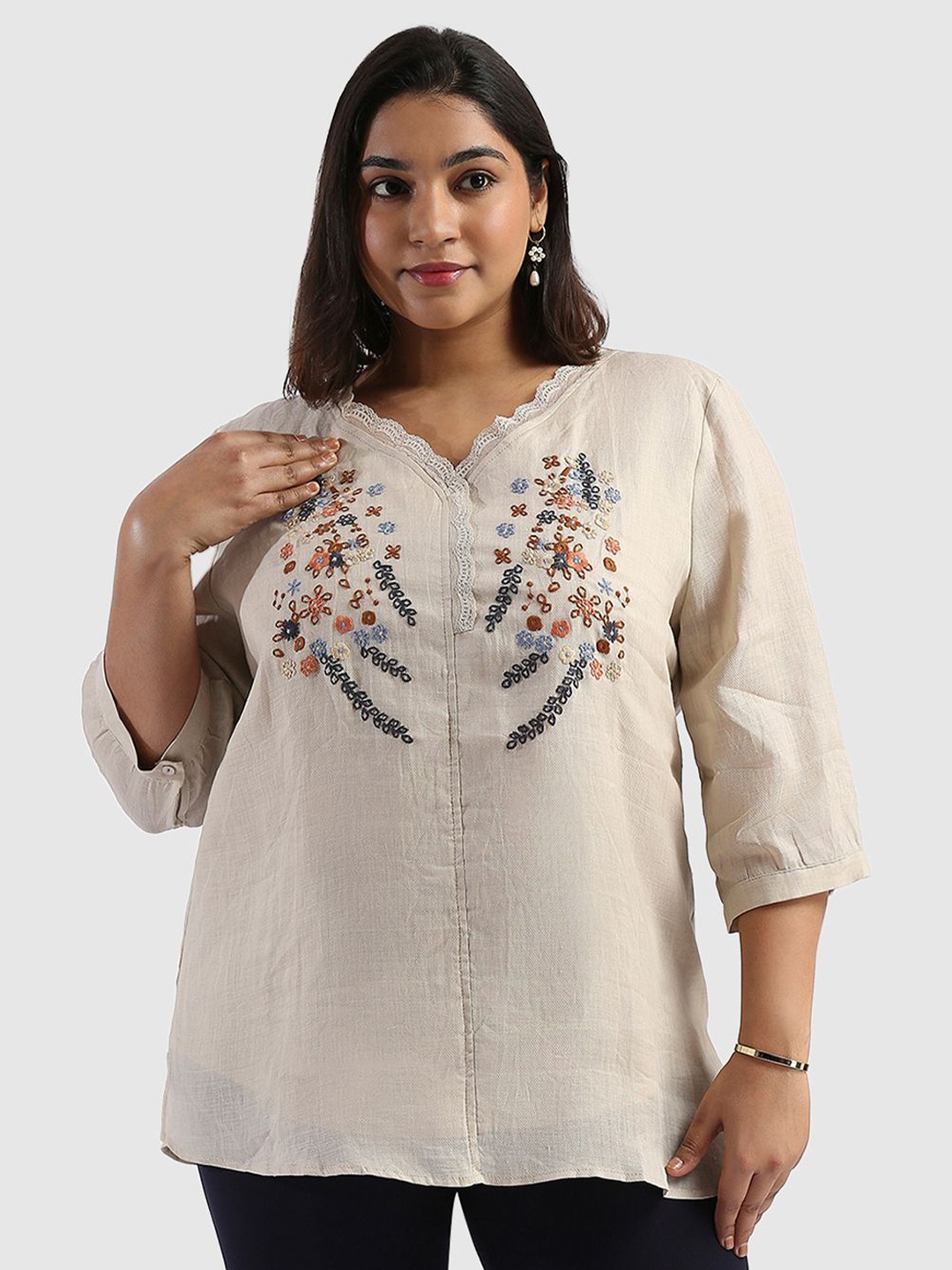 

Presence Floral Embroidered Linen Top, Beige