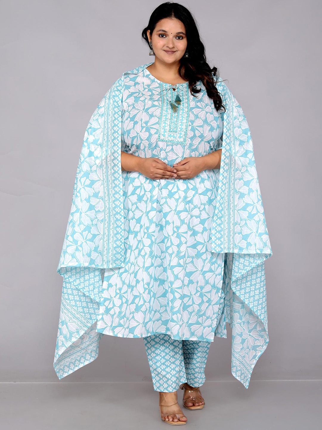 

JC4U Women Ethnic Motifs Printed Regular Mirror Work Pure Cotton Kurta with Trousers & With Dupatta, Blue
