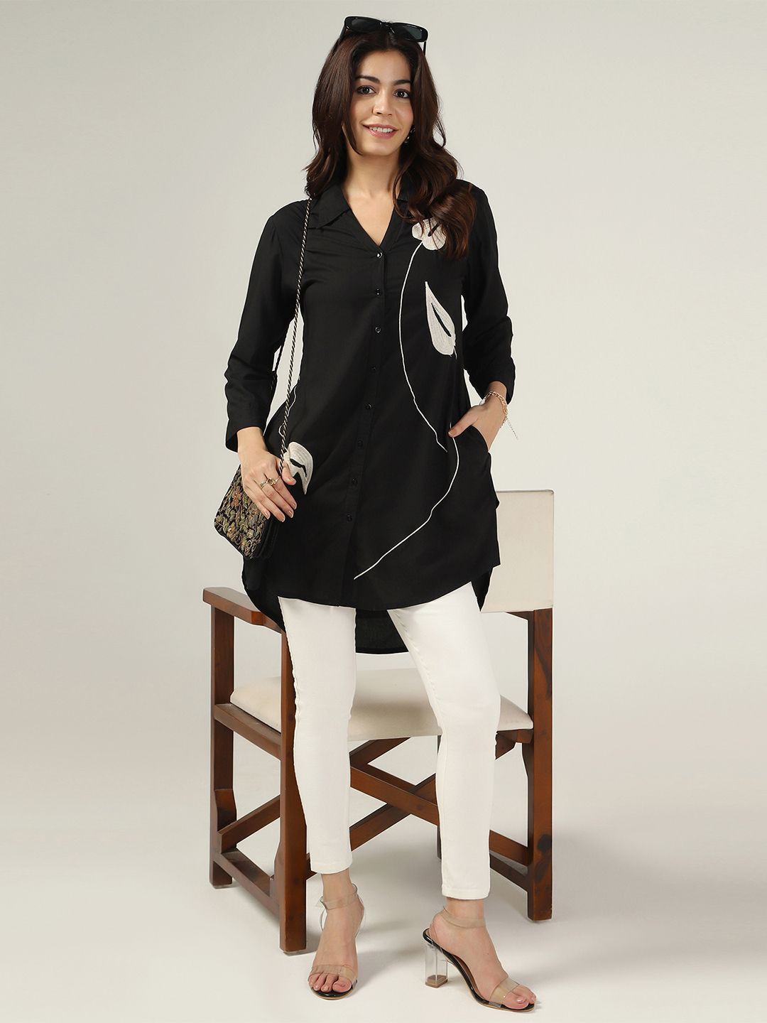 

Mustard Embroidered Shirt Style Top, Black