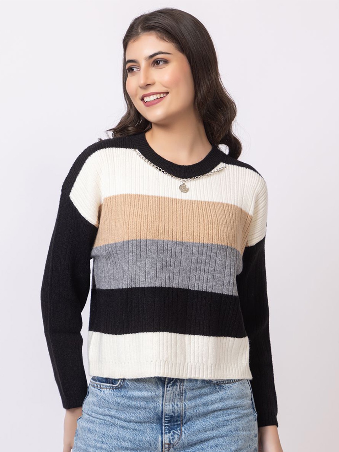 

Antiloop Women Striped Woollen Pullover, Black