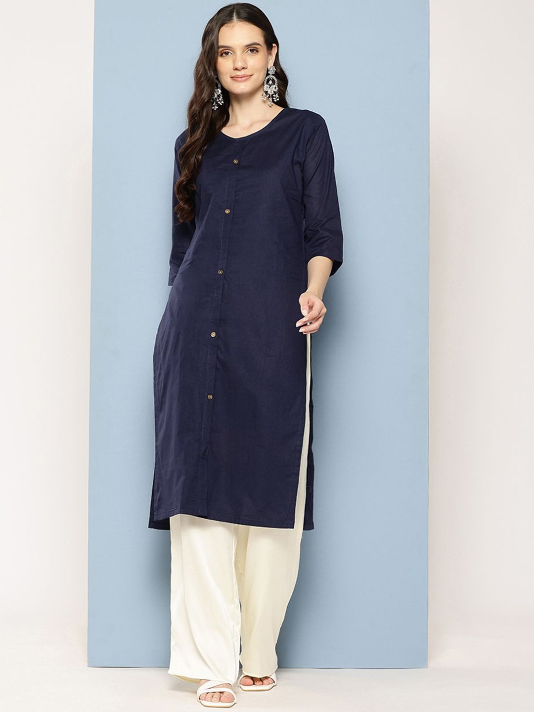 

BAESD Women Colourblocked Flared Sleeves Sequinned Kurta, Navy blue