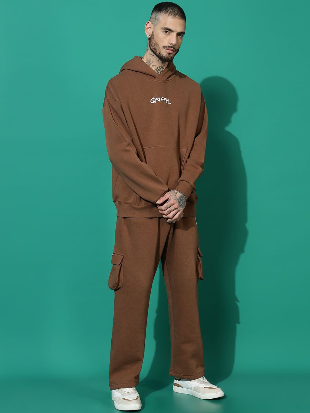 

GRIFFEL Men Printed Hooded Mid-Rise Tracksuits, Coffee brown