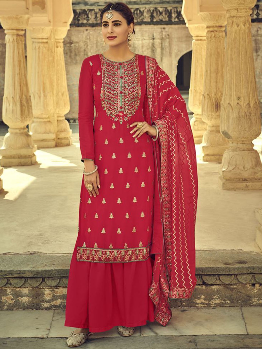 

Jaipur Kurti Embroidered Silk Georgette Semi-Stitched Dress Material, Red