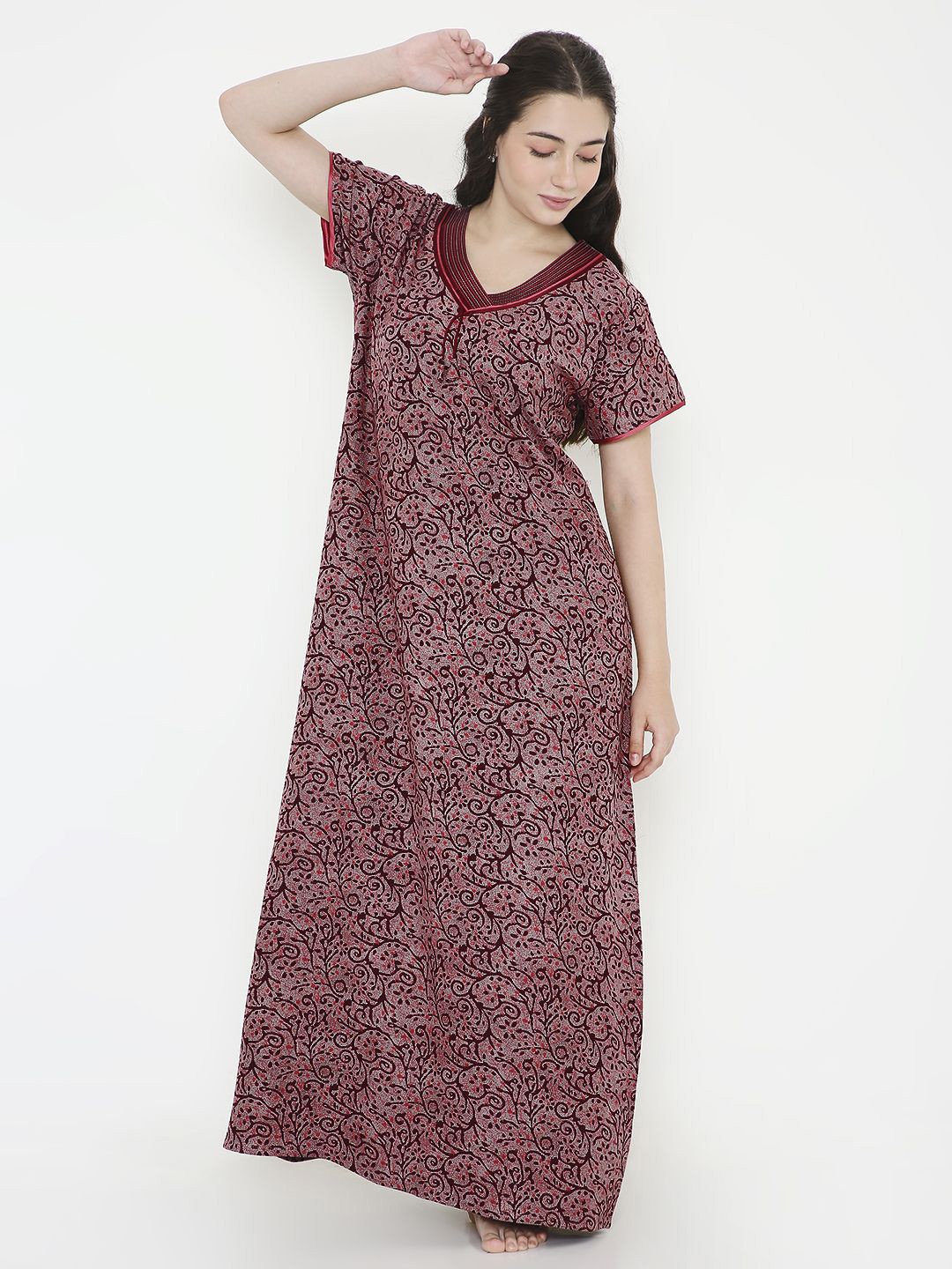 

NIGHTSPREE Printed Maxi Nightdress, Maroon