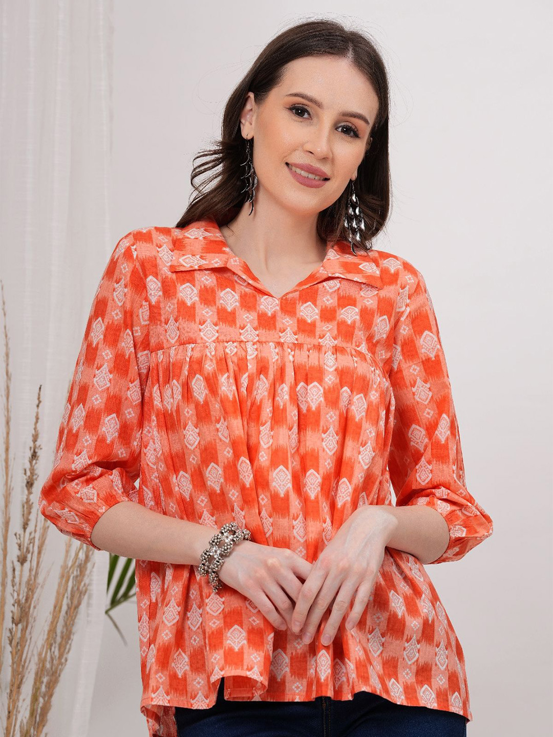 

Vilgi Geometric Print Organic Cotton Shirt Style Top, Orange