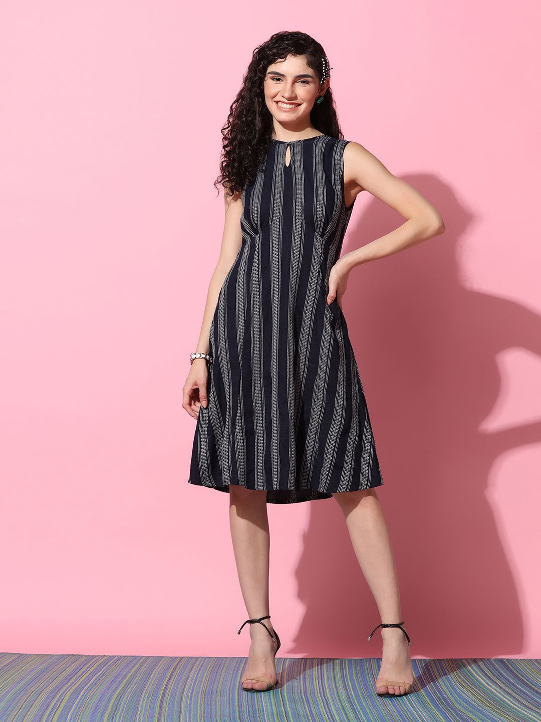 

FASHION DREAM Print Keyhole Neck A-Line Dress, Blue
