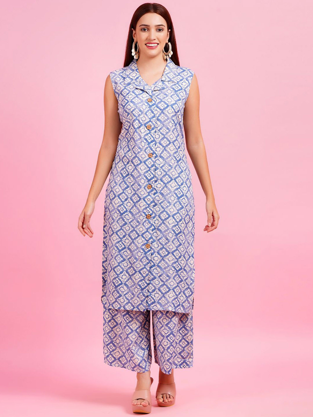 

JC4U Shirt Collar Printed Tunic with Palazzo, Blue