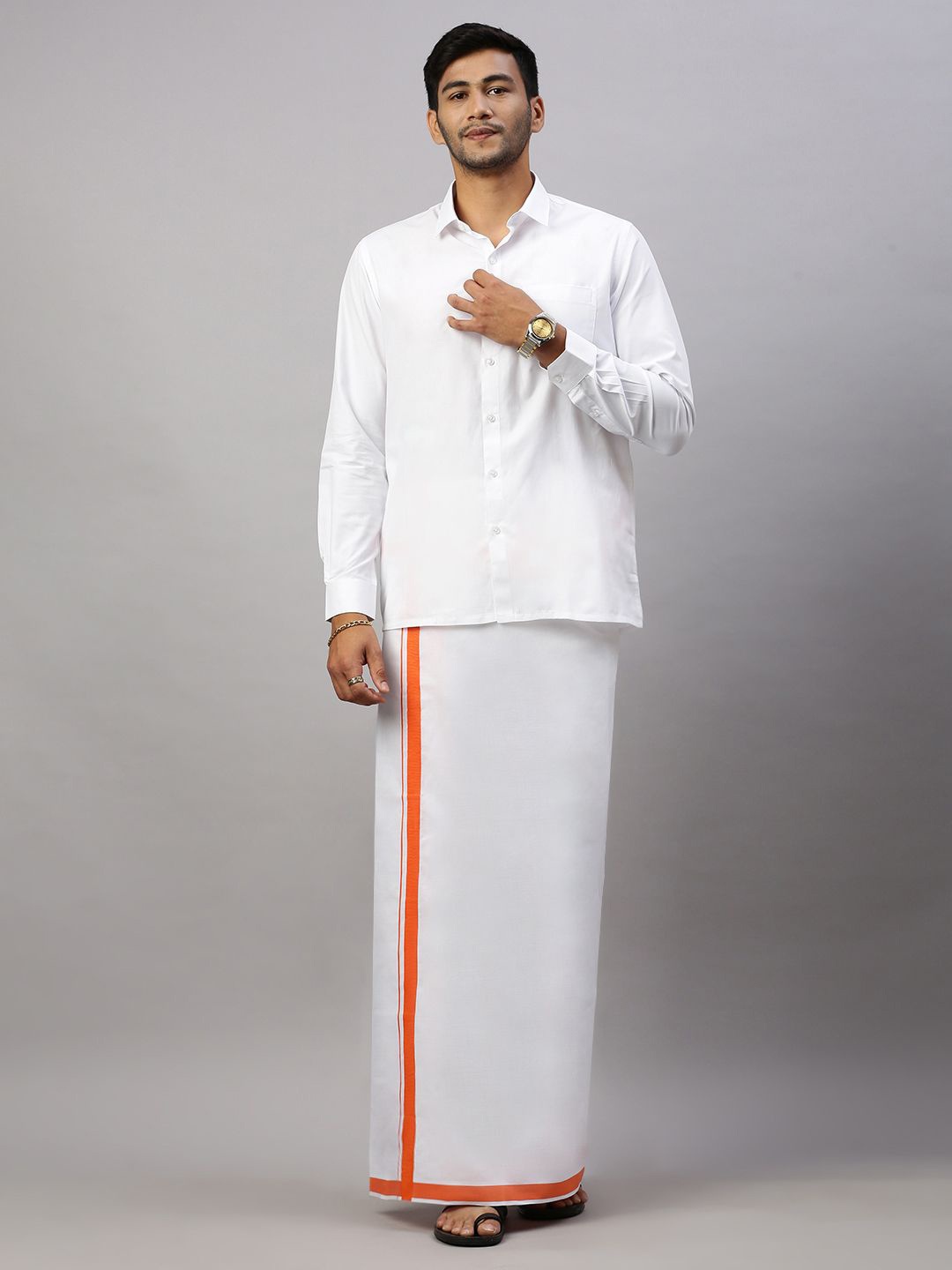 

Ramraj Men Solid Formal Cotton Blend Shirt with Dhoti, White