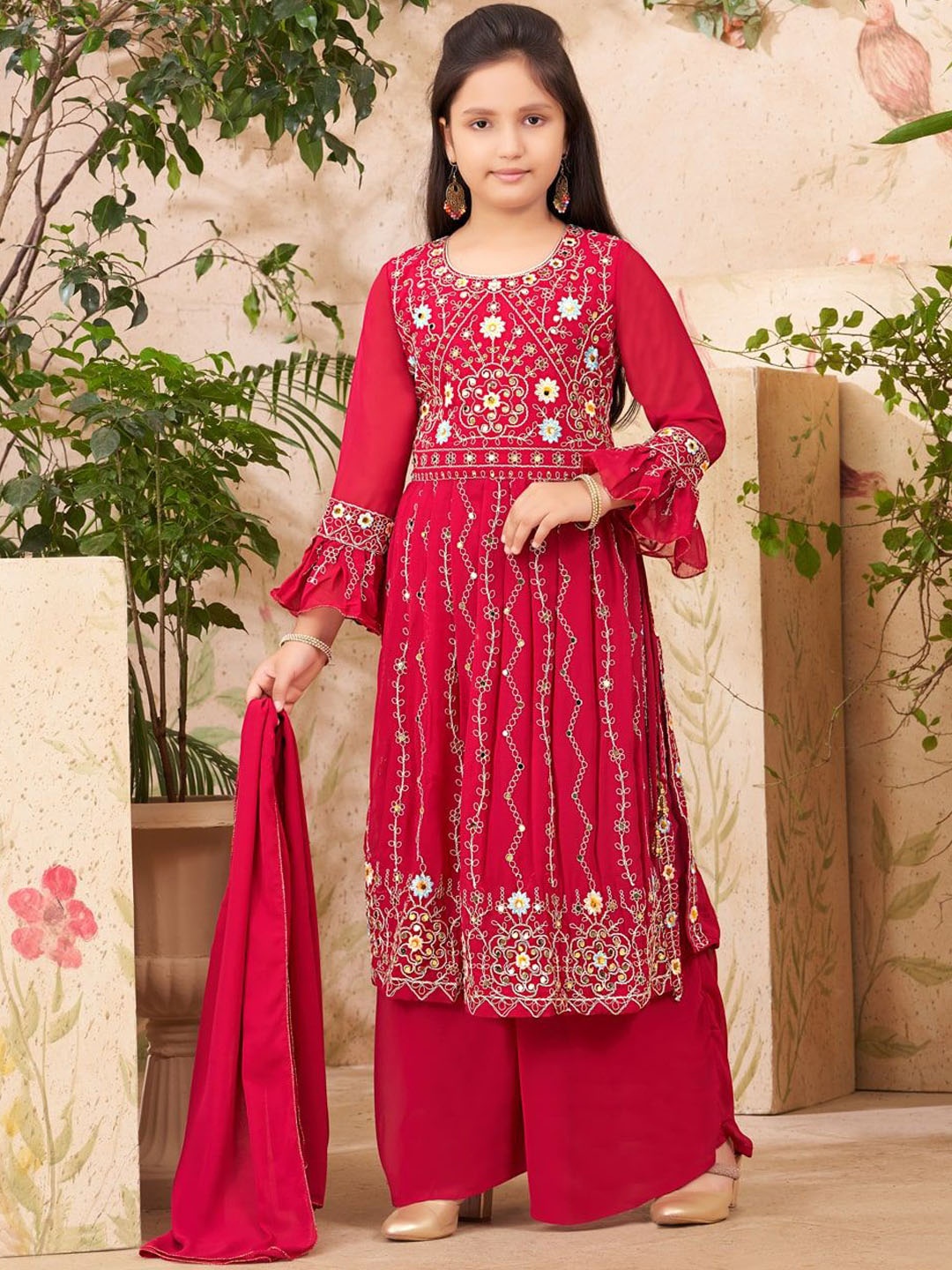 

BAESD Girls Embroidered Regular Kurta with Sharara & With Dupatta, Pink