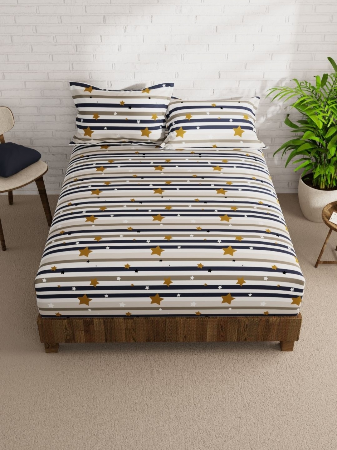 

KOPA White & Navy Blue Striped 152 TC Queen Bedsheet with 2 Pillow Covers