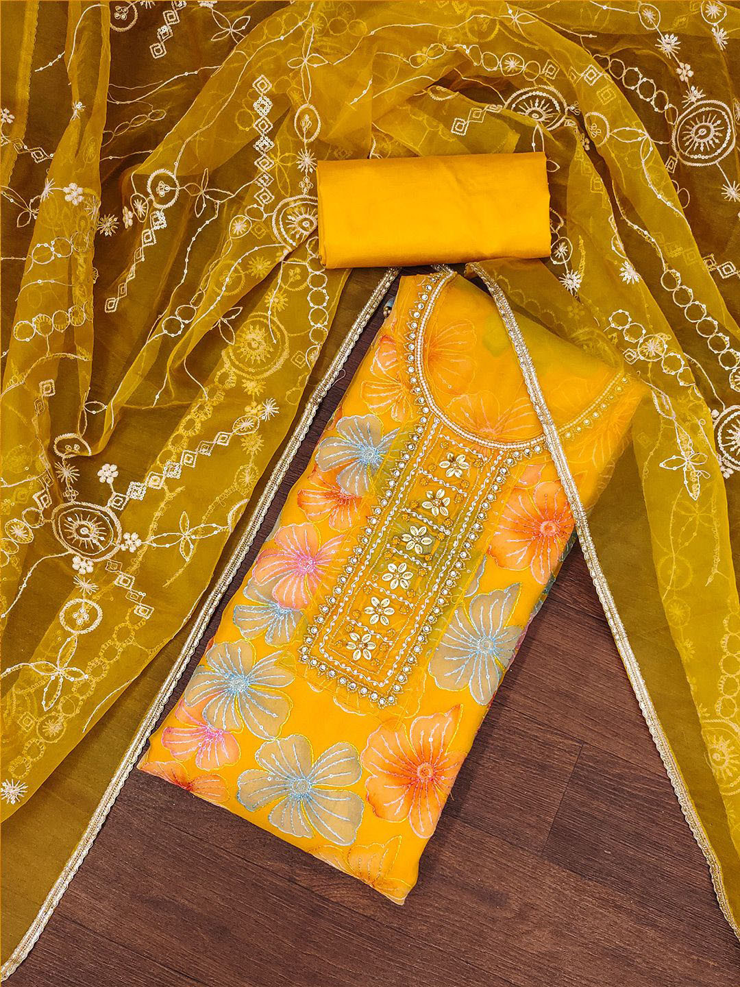 

Lilots Organza Unstitched Dress Material, Yellow