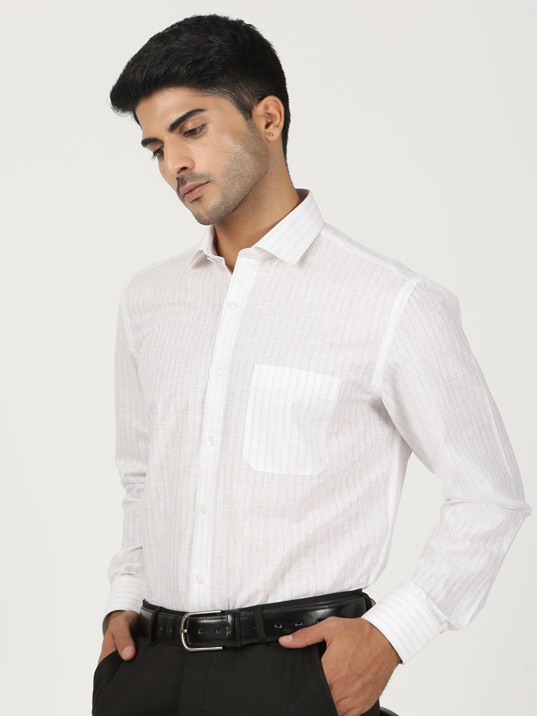 

Greenfibre Men Opaque Striped Formal Shirt, White