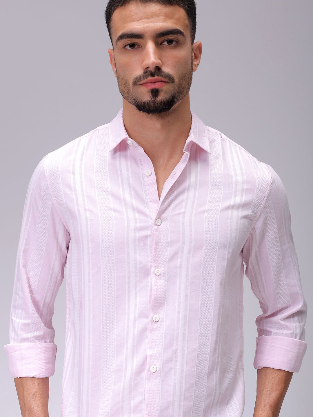 

The Indian Garage Co Men Slim Fit Striped Dobby Resortwear Shirt, Pink