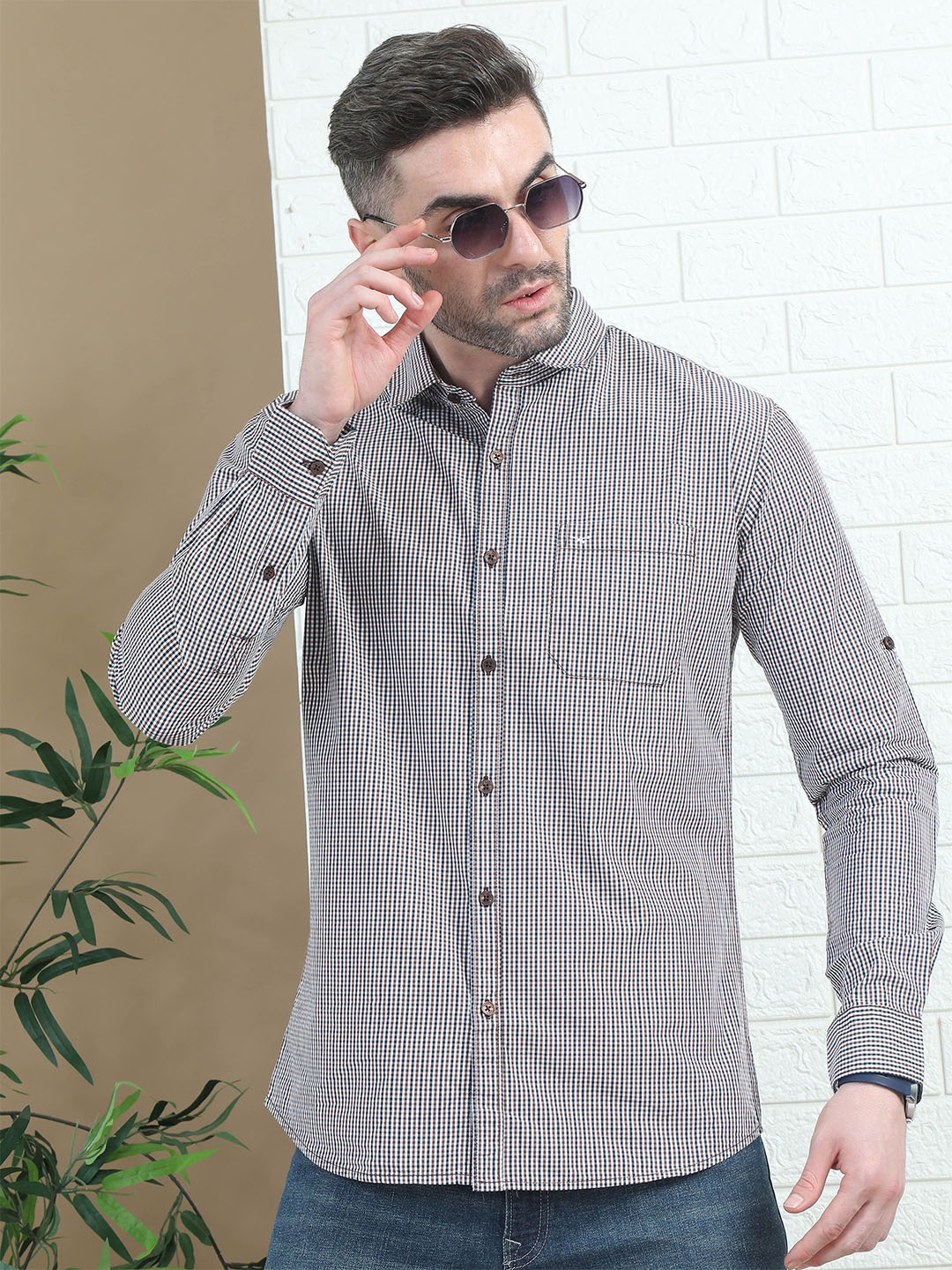 

RIGS AND RAGS Men Classic Micro Checks Opaque Printed Casual Shirt, Brown