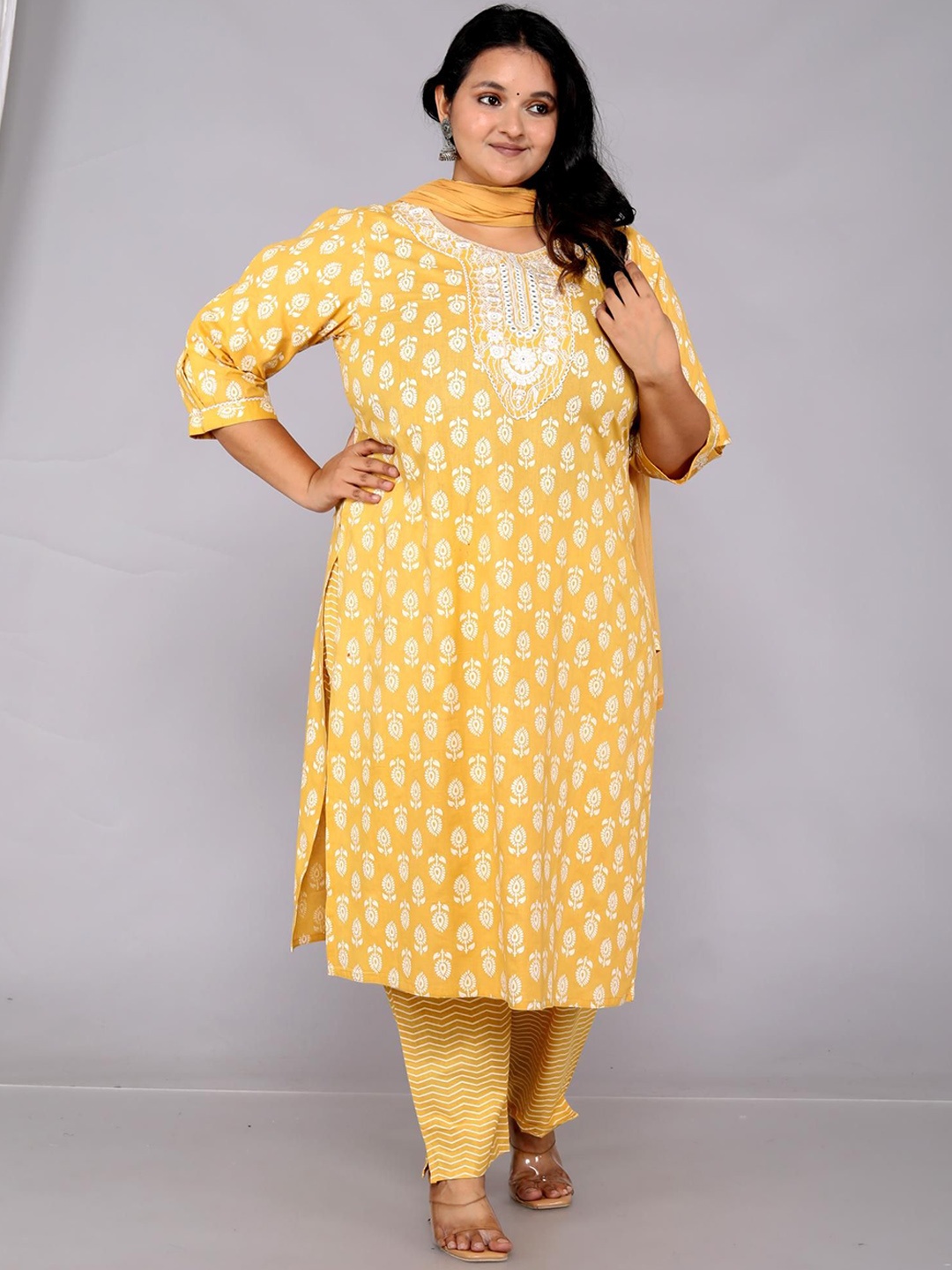 

JC4U Women Ethnic Motifs Printed Regular Pure Cotton Kurta with Trousers & With Dupatta, Yellow