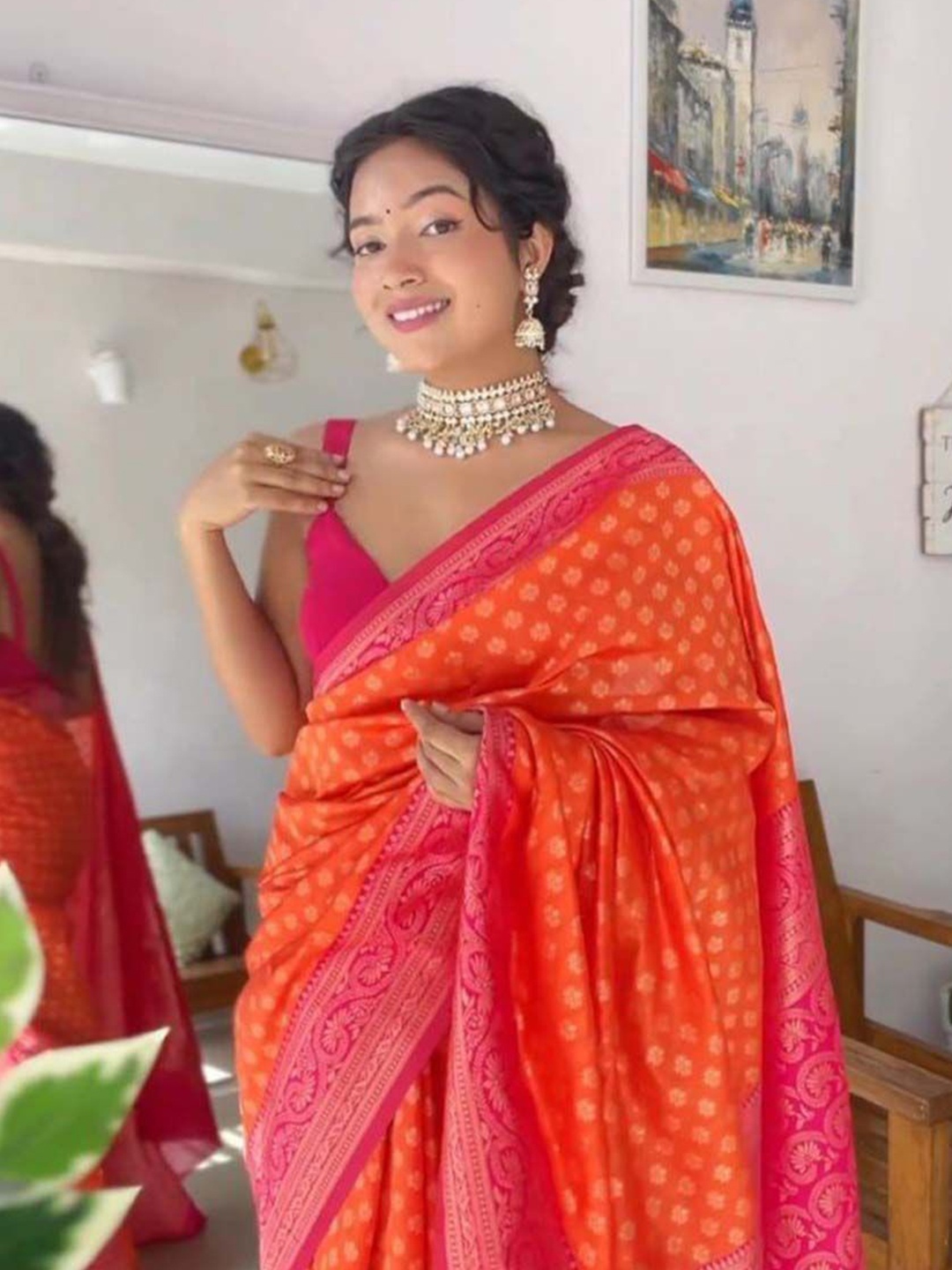 

Wuxi Woven Design Pure Silk Heavy Work Banarasi Saree, Orange