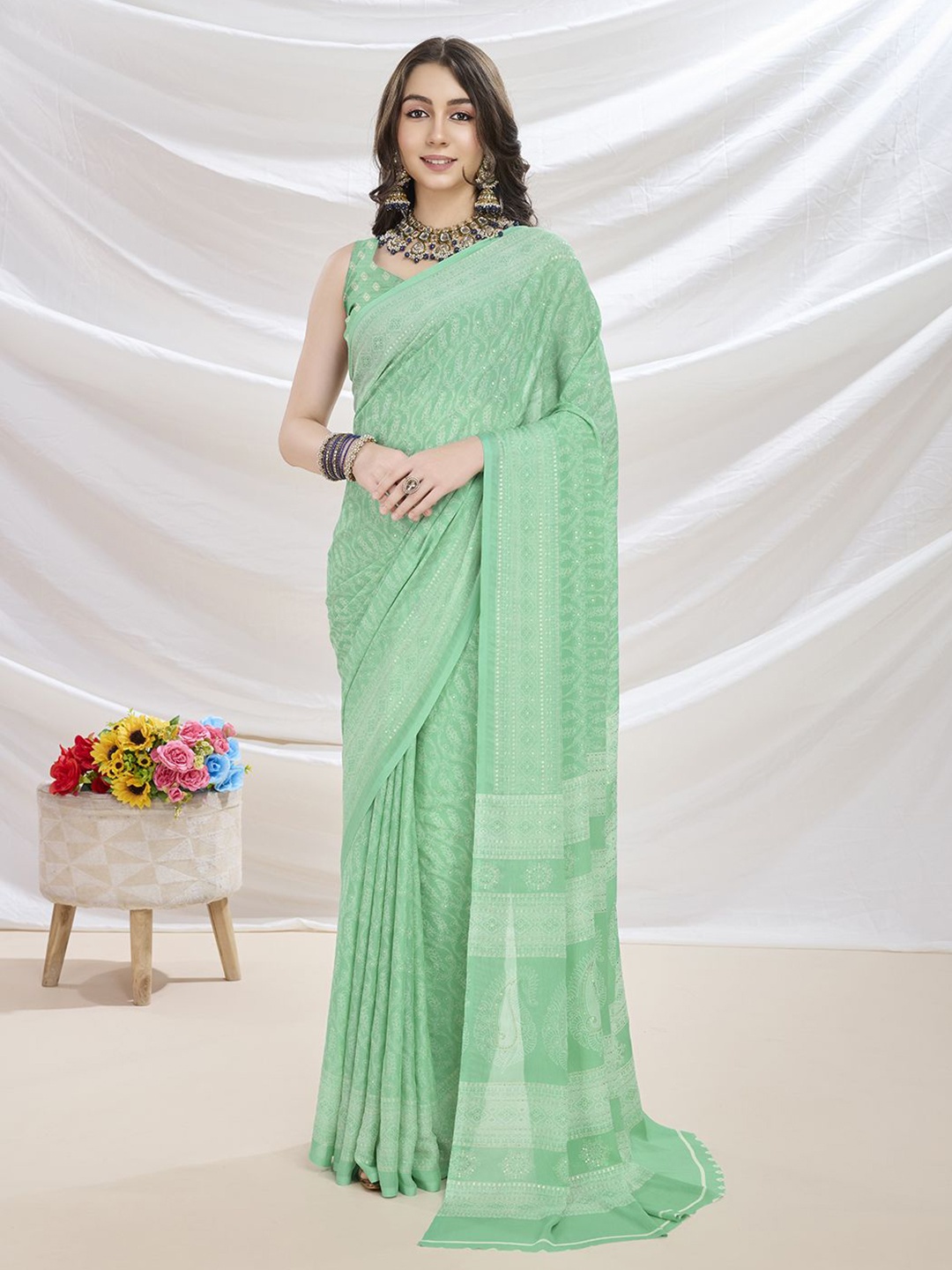 

KALINI Ethnic Motifs Poly Georgette Saree, Sea green