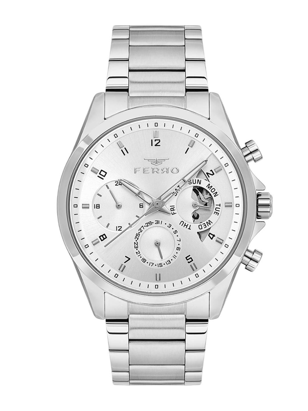 

Ferro Men Brass Dial & Stainless Steel Bracelet Style Straps Analogue Multi Function Watch FM11460A-A, Silver