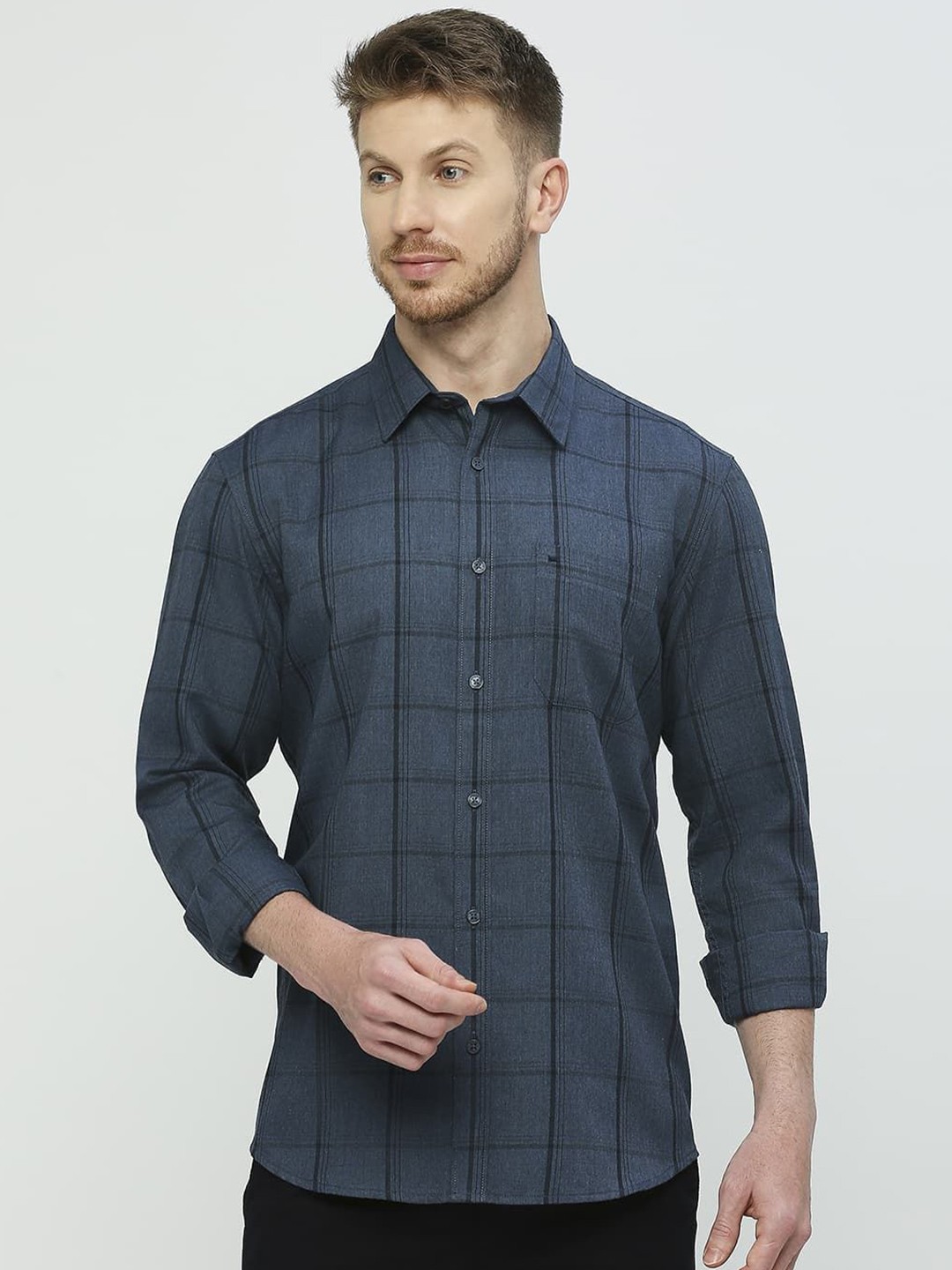 

Basics Men Slim Fit Shepherd Checks Opaque Checked Casual Shirt, Blue