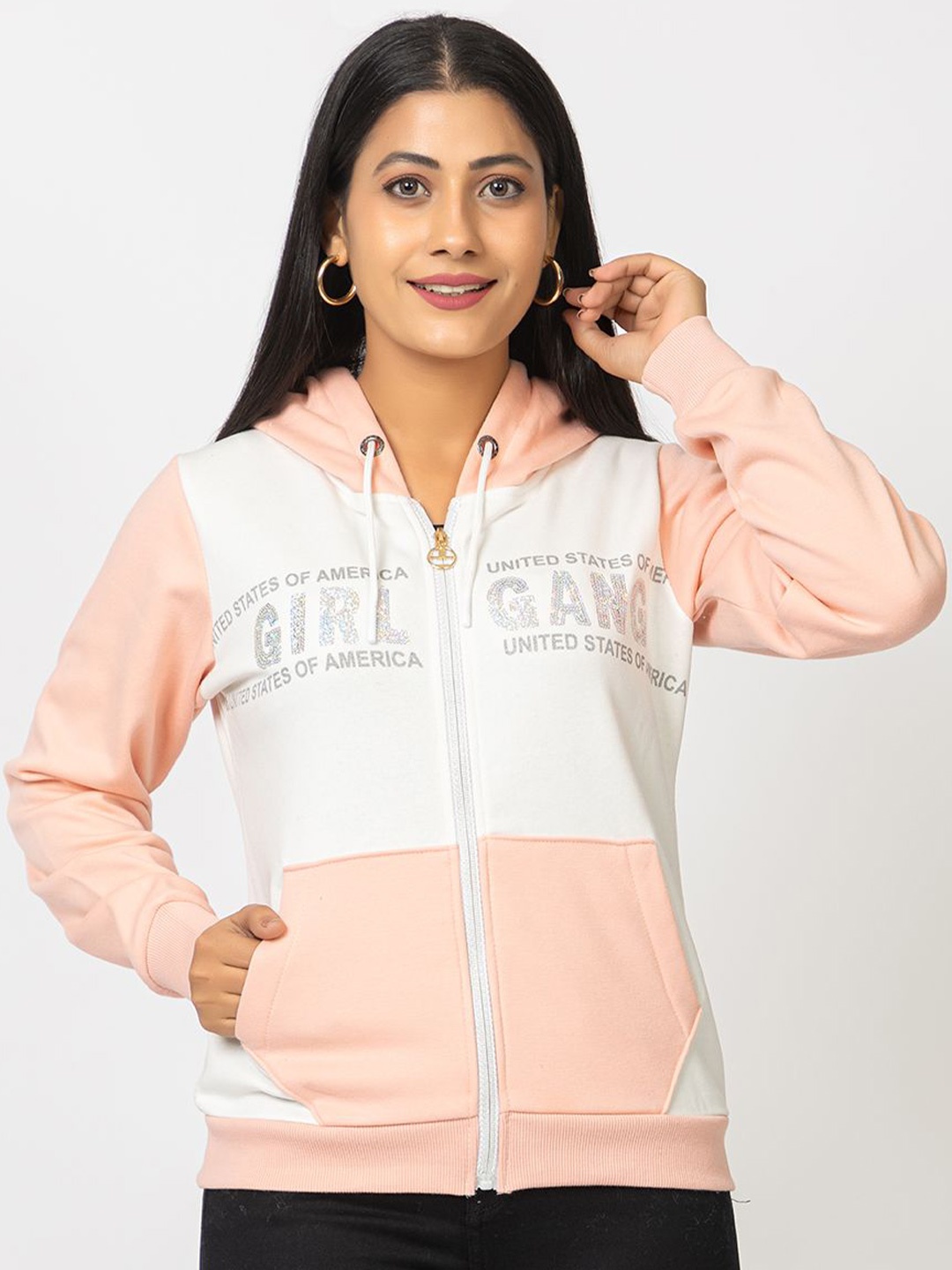 

Navsha Women Printed Hooded Sweatshirt, Peach