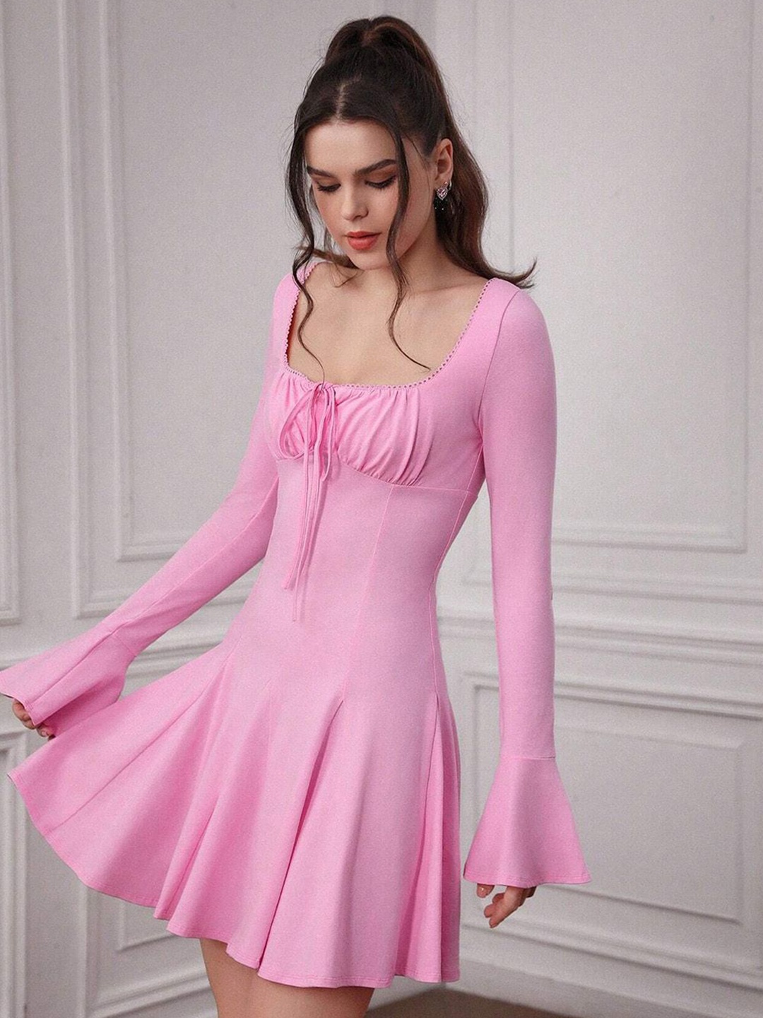 

JC Mode Women Tie-Up Neck Fit & Flare Dress, Pink