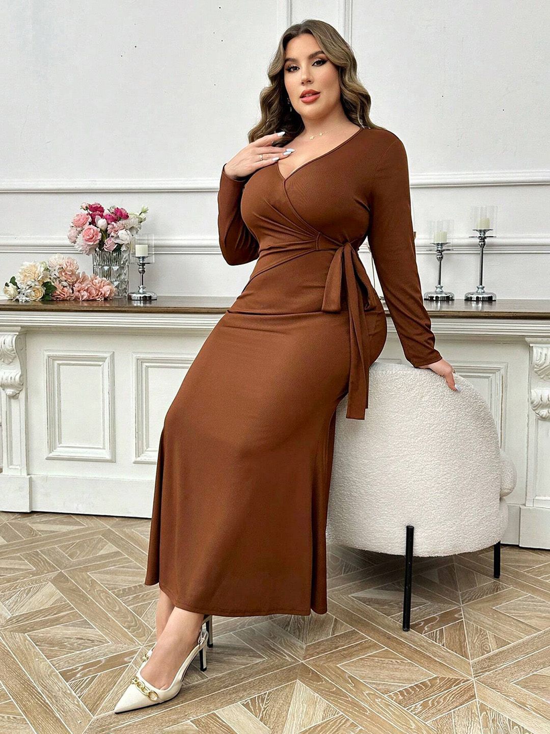 

JC Mode Women Plus Size V-Neck Maxi Dress, Brown