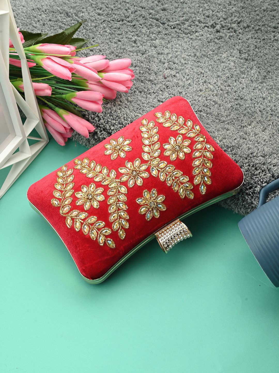 

Toobacraft Embellished Box Clutch, Red
