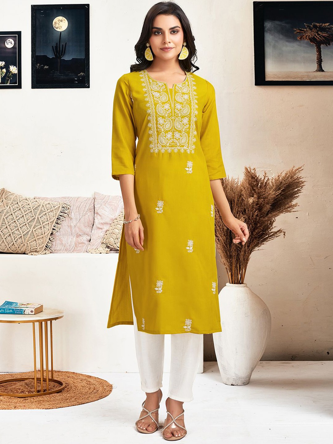 

KALINI Women Paisley Embroidered Chikankari Floral Kurta, Yellow