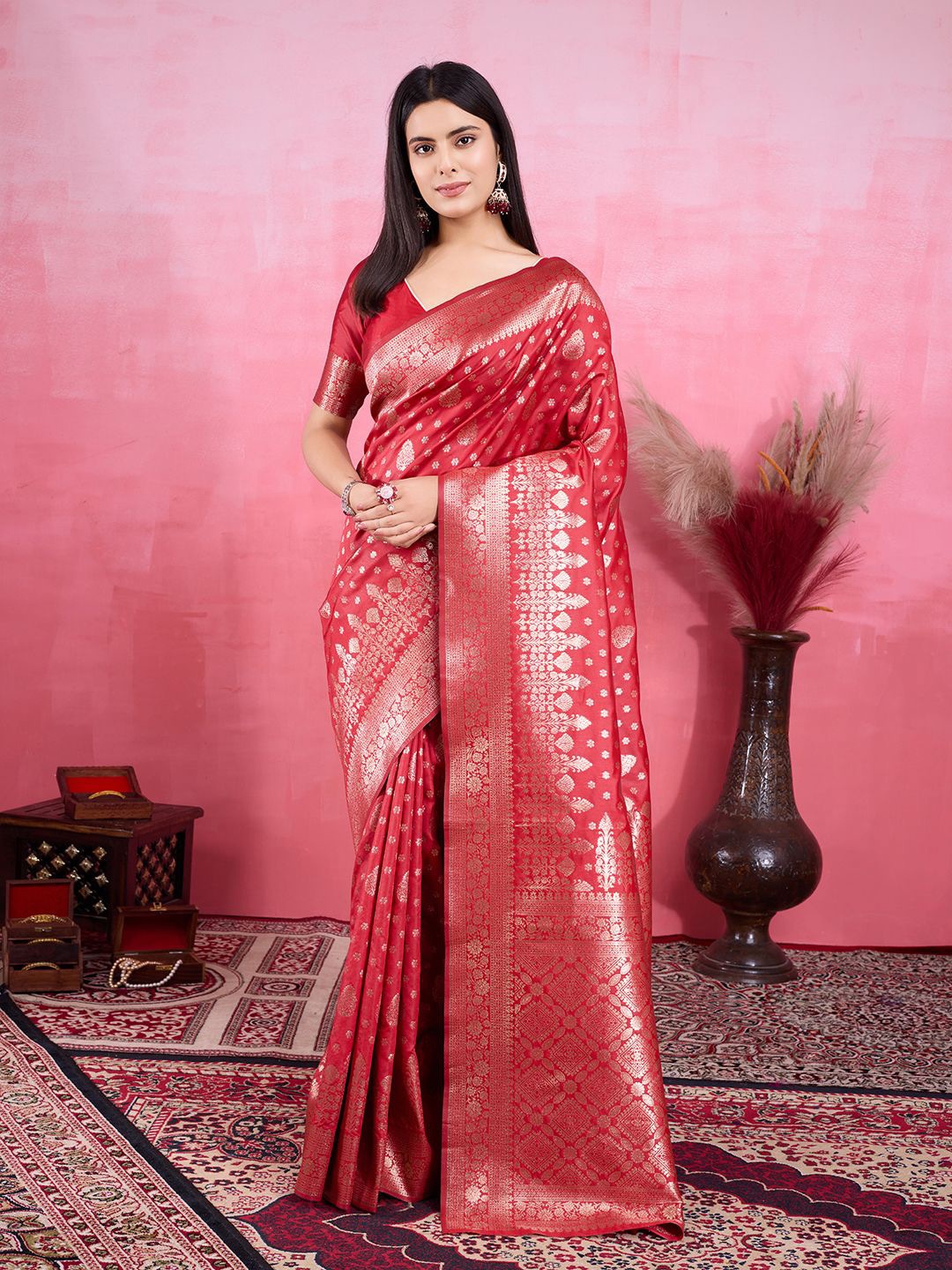 

KALINI Ethnic Motifs Zari Pure Silk Banarasi Saree, Red