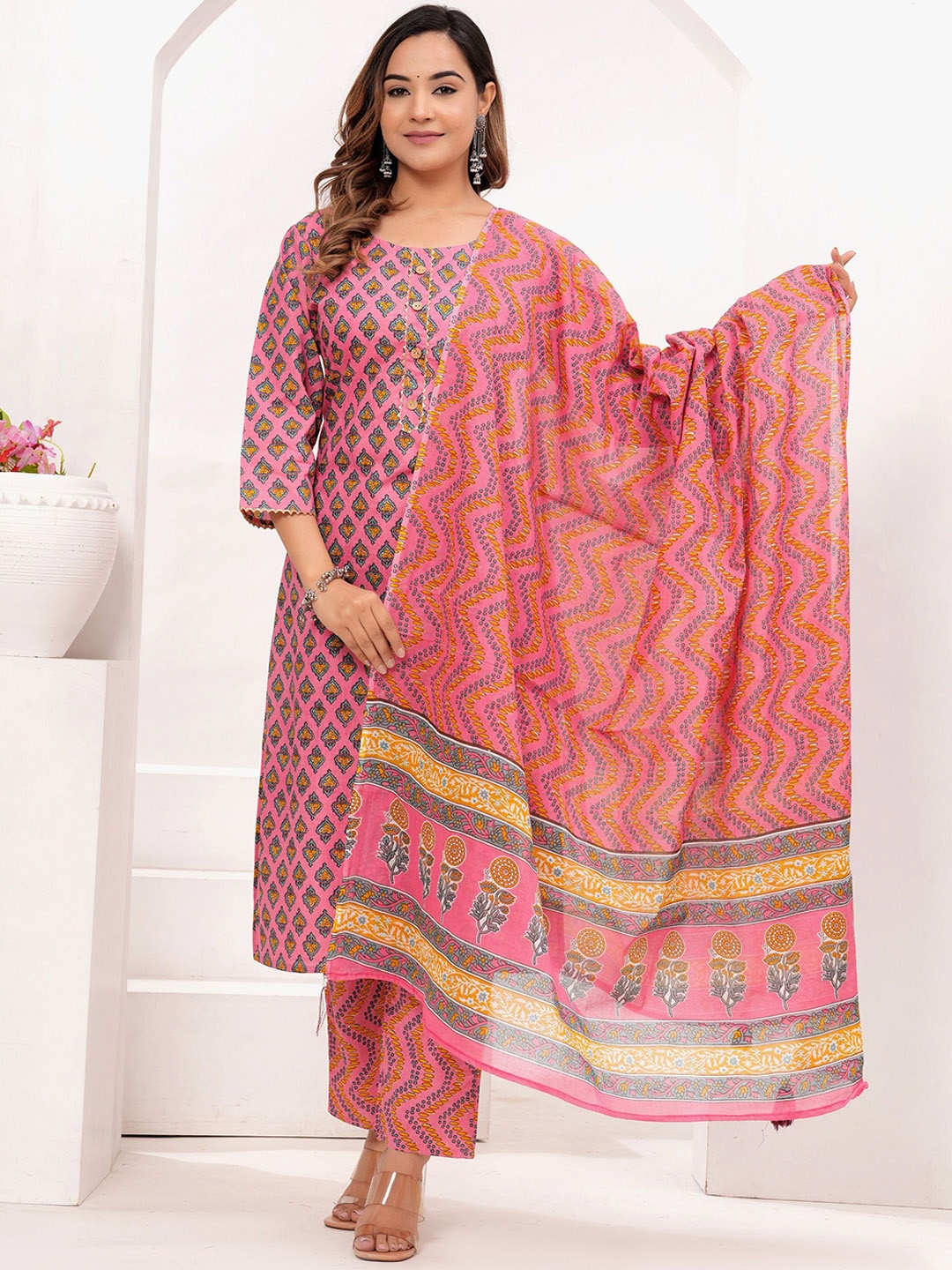 

VASUPRADA Women Printed Regular Kurta with Trousers & With Dupatta, Pink