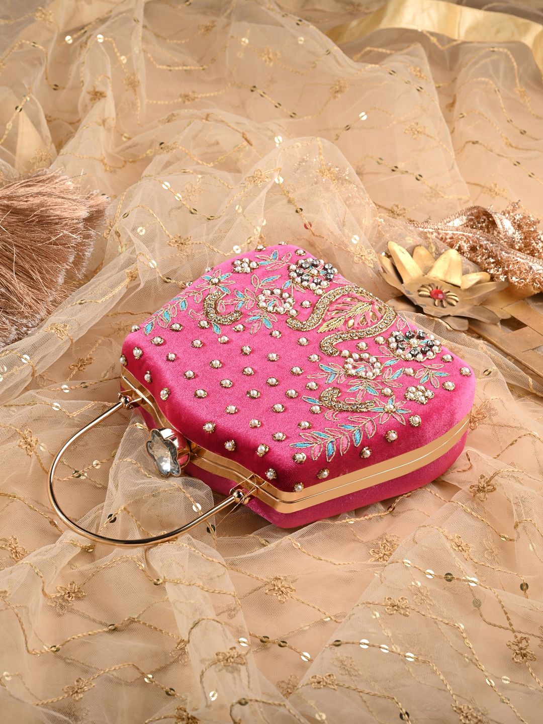 

Toobacraft Embellished Box Clutch, Magenta