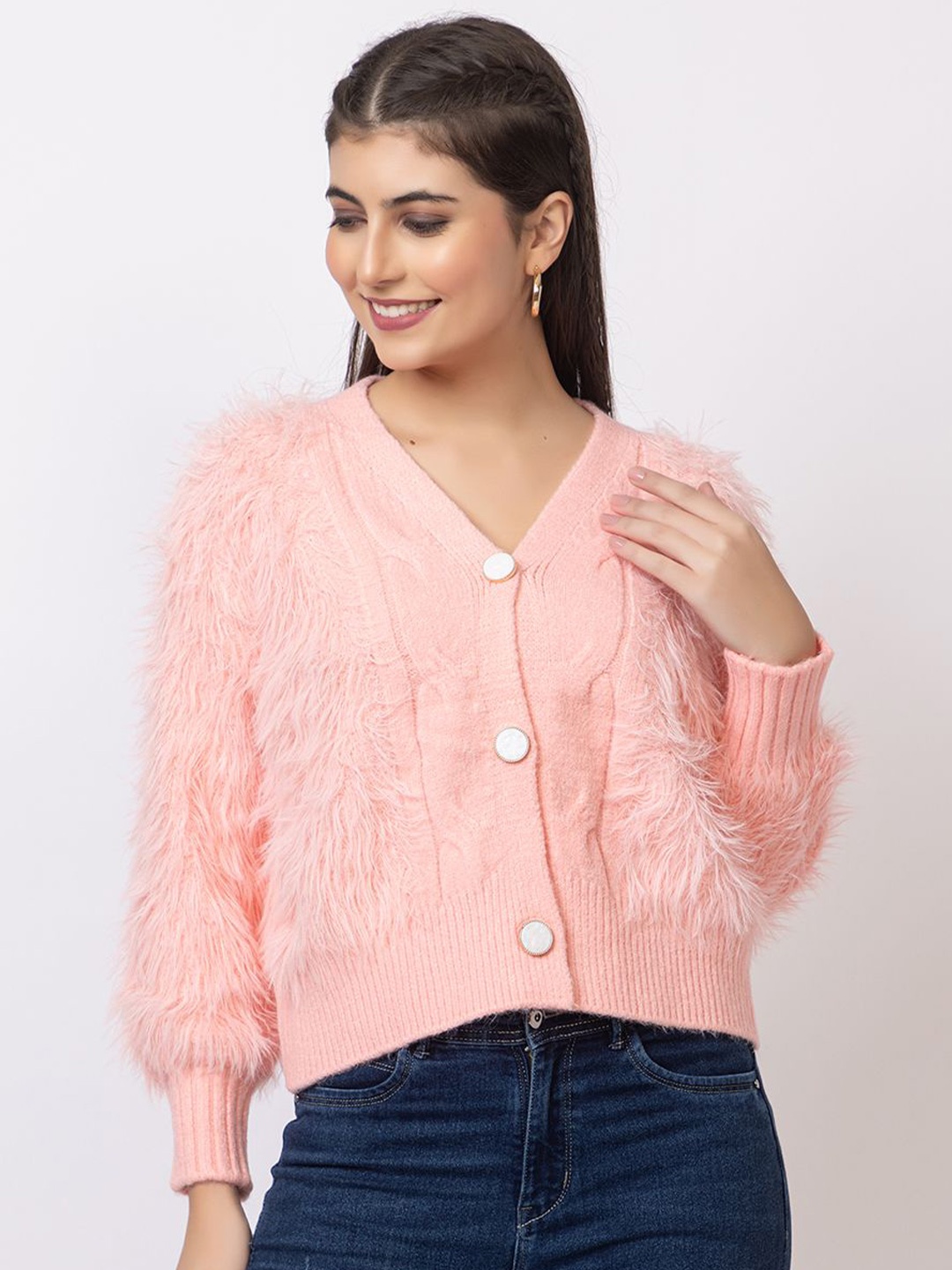 

Antiloop Women Woollen Cardigan with Fuzzy Detail, Peach