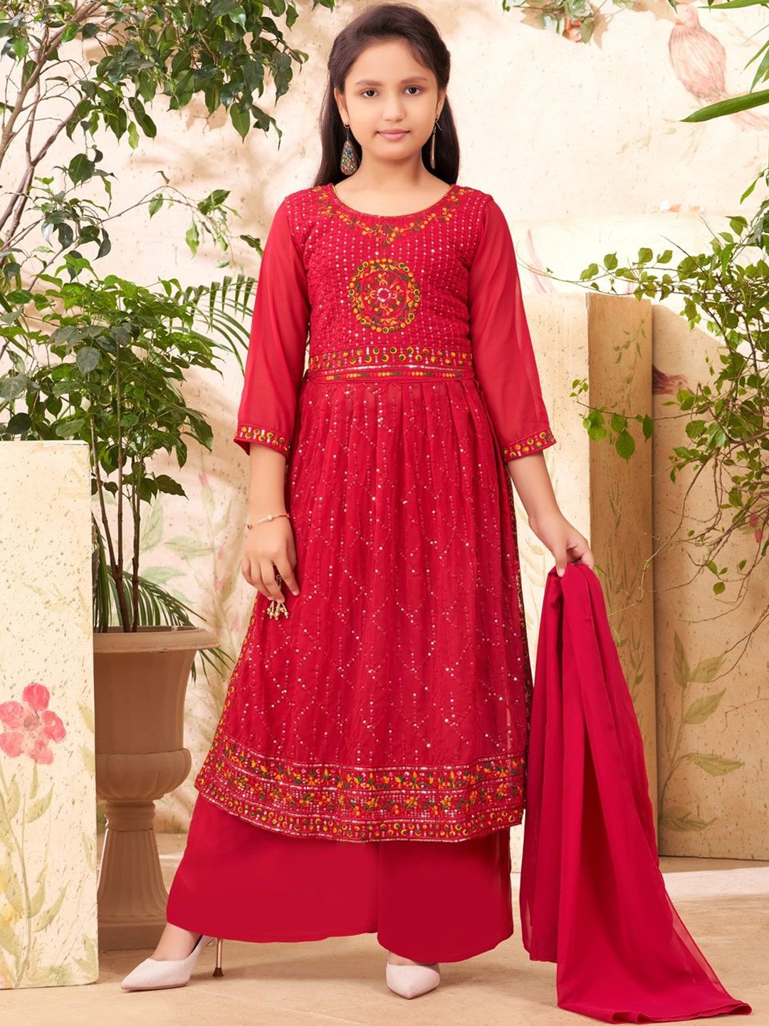 

BAESD Girls Embroidered Regular Sequinned Kurta with Sharara & With Dupatta, Pink
