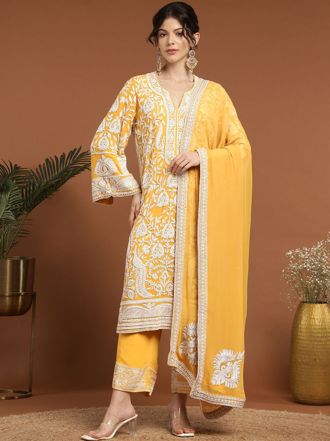

RIRASA Women Floral Embroidered Regular Kurta with Trousers & With Dupatta, Yellow