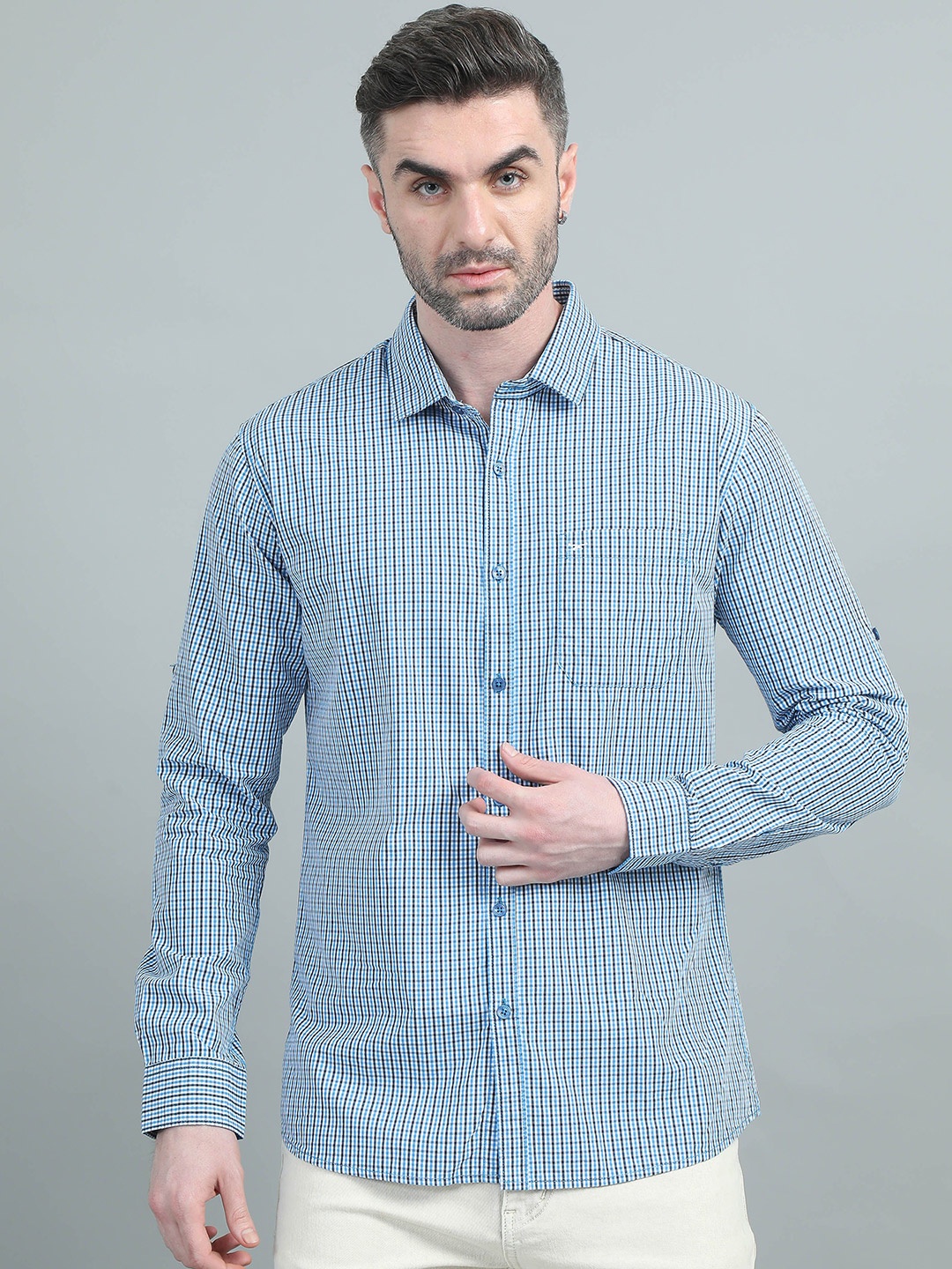 

RIGS AND RAGS Men Classic Micro Checks Opaque Checked Casual Shirt, Blue