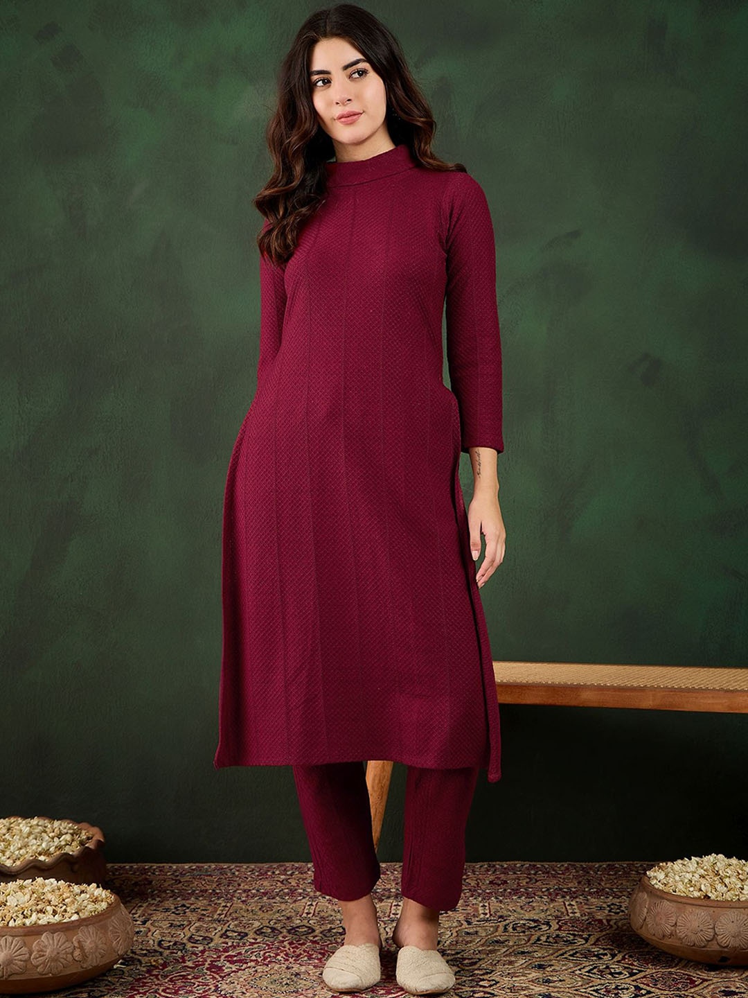 

Sangria Woolen Winter High Neck Tunic & Trouser, Maroon