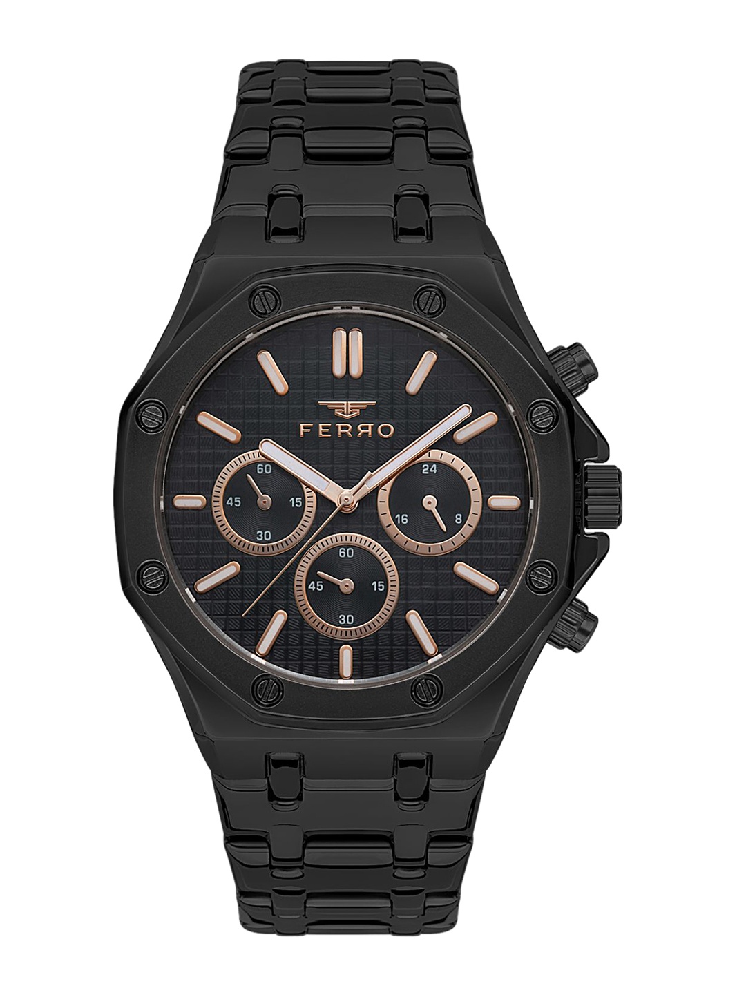 

Ferro Men Brass Dial & Stainless Steel Bracelet Style Straps Analogue Chronograph Watch FM11311A-G, Black