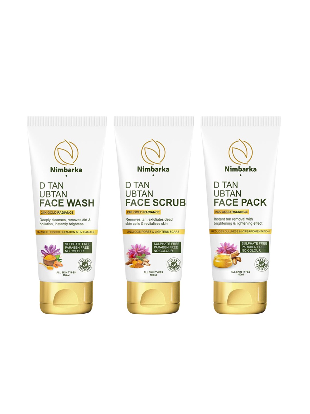 

Nimbarka Set Of 3 D-Tan Ubtan Face Wash, Face Scrub, Face Pack - 100 ml Each, Gold