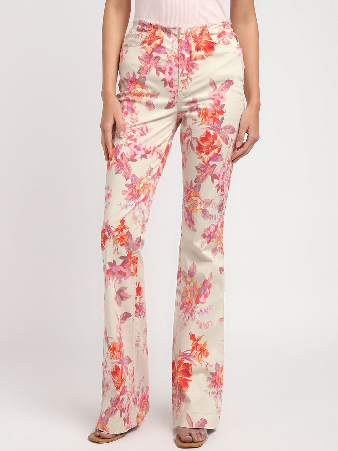 

GUESS Women Floral Printed Flared High-Rise Trousers, Multi