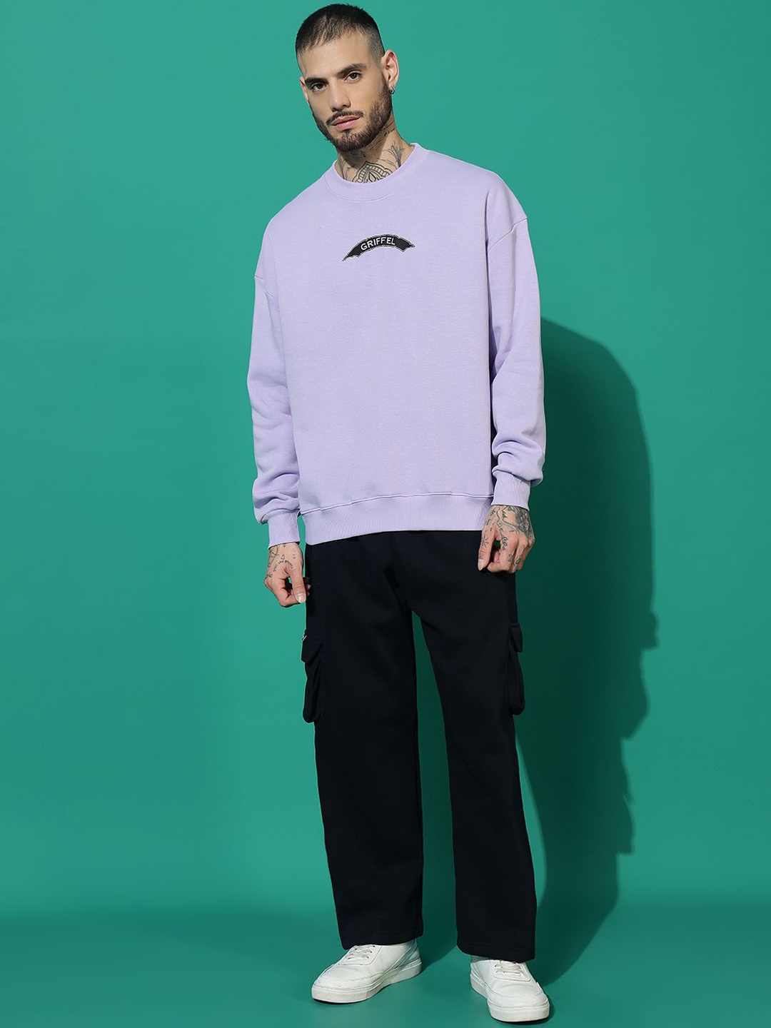 

GRIFFEL Men Printed Round Neck Long Sleeves Sweatshirt With Trouser Co-Ords, Mauve
