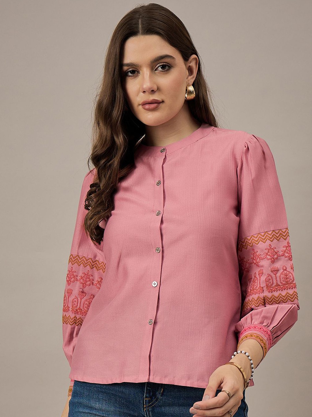 

The Roadster Lifestyle Co Embroidered Sleeve Shirt Style Top, Pink
