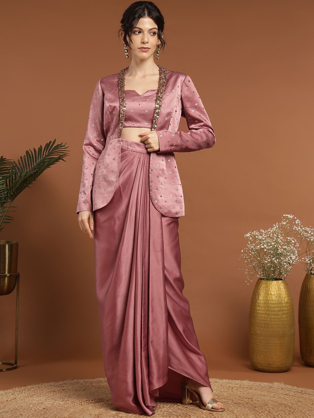 

RIRASA Embroidered Crop Top & Jacket With Drape Skirt Co-Ords, Pink