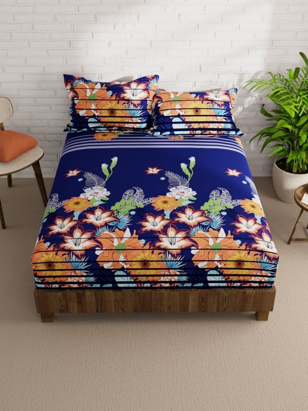 

KOPA Navy Blue & Yellow Floral 152 TC Queen Bedsheet with 2 Pillow Covers