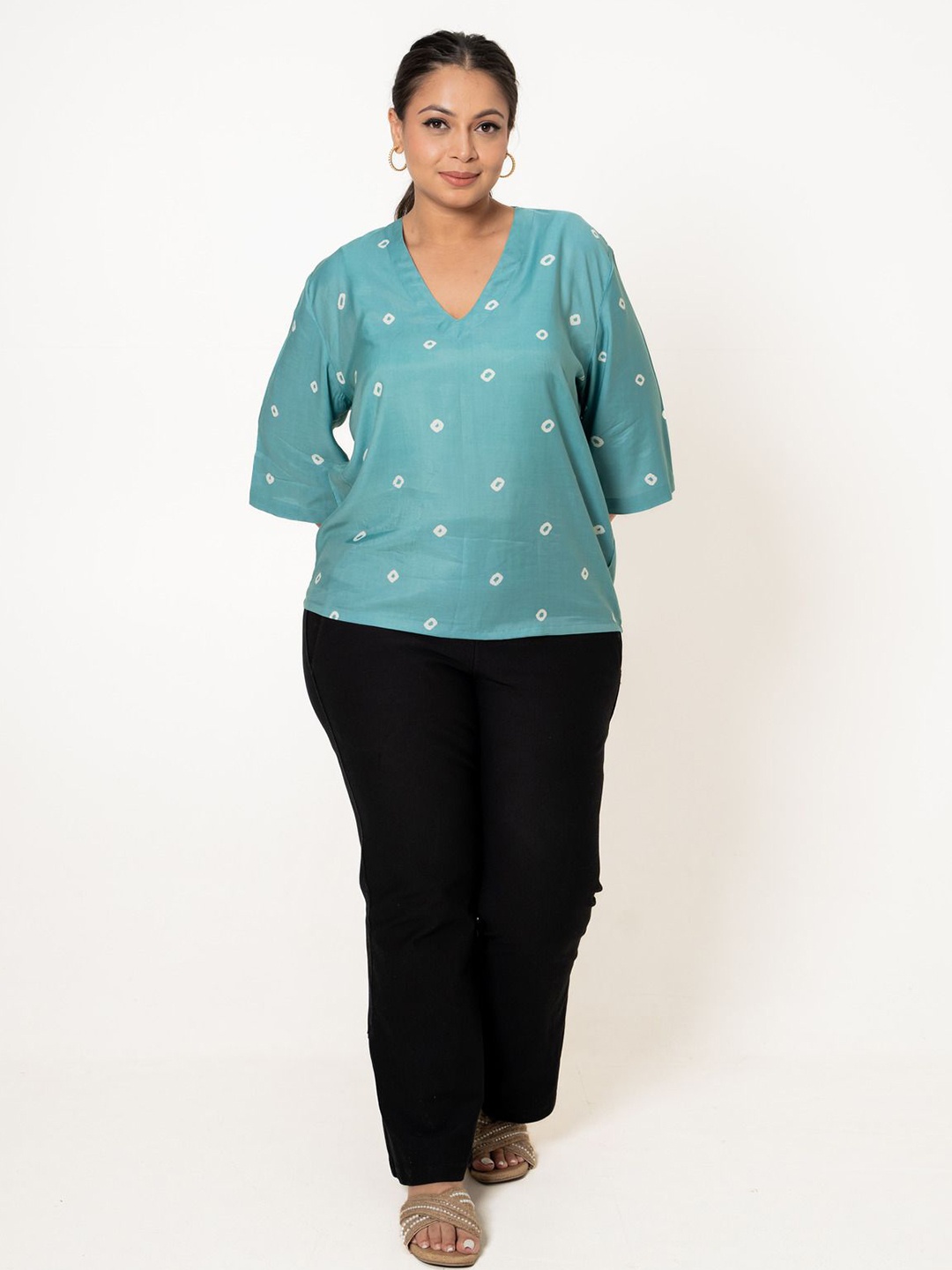 

ROZANAJAIPUR Women Kiki Printed V-Neck Pure Cotton Top, Turquoise blue