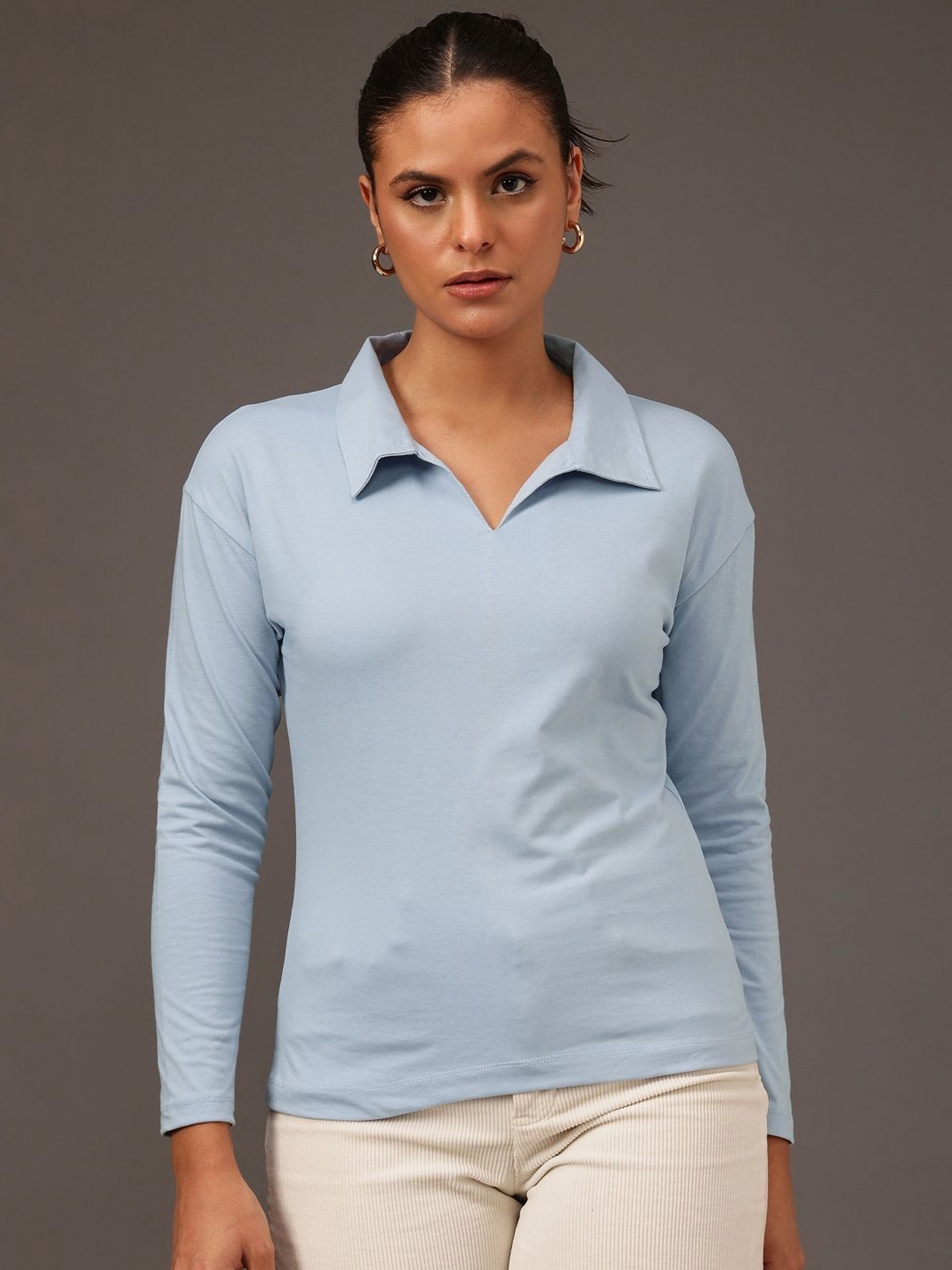 

MINT STREET Women Striped Polo Collar Pockets T-shirt, Blue