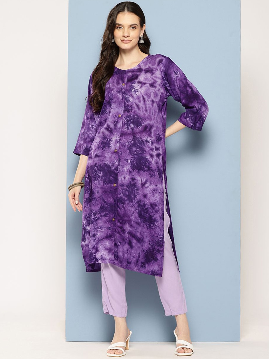

BAESD Women Printed Keyhole Neck Mirror Work Pathani Kurta, Purple