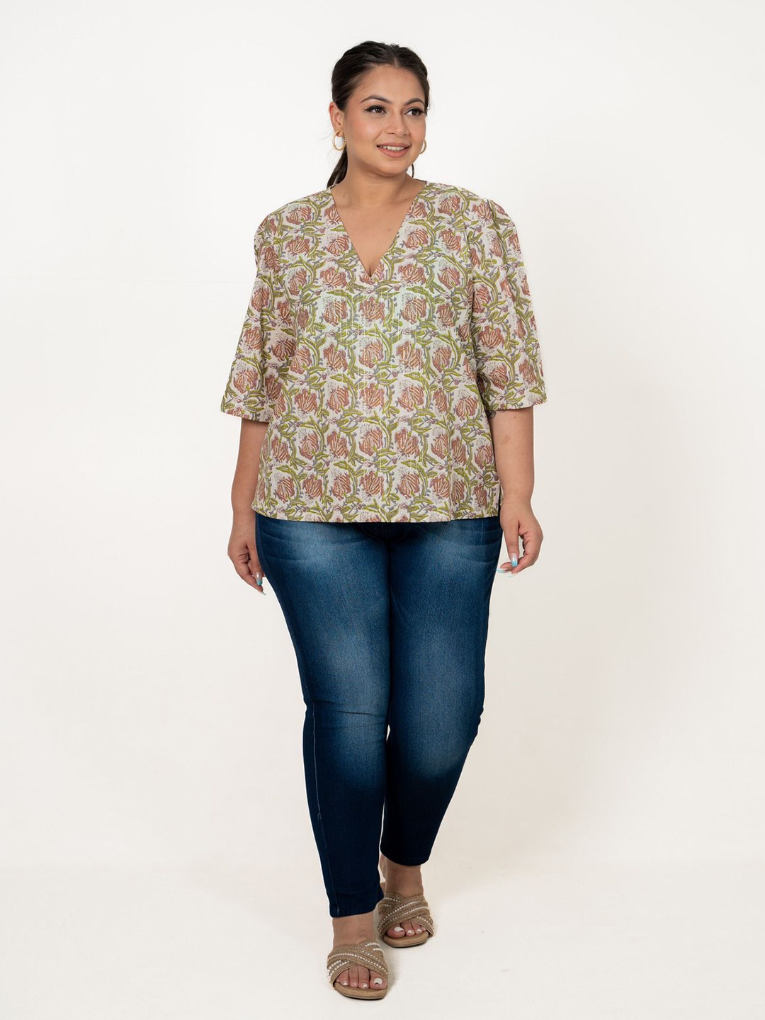

ROZANAJAIPUR Women Plus Size Floral Printed Cotton Top, White