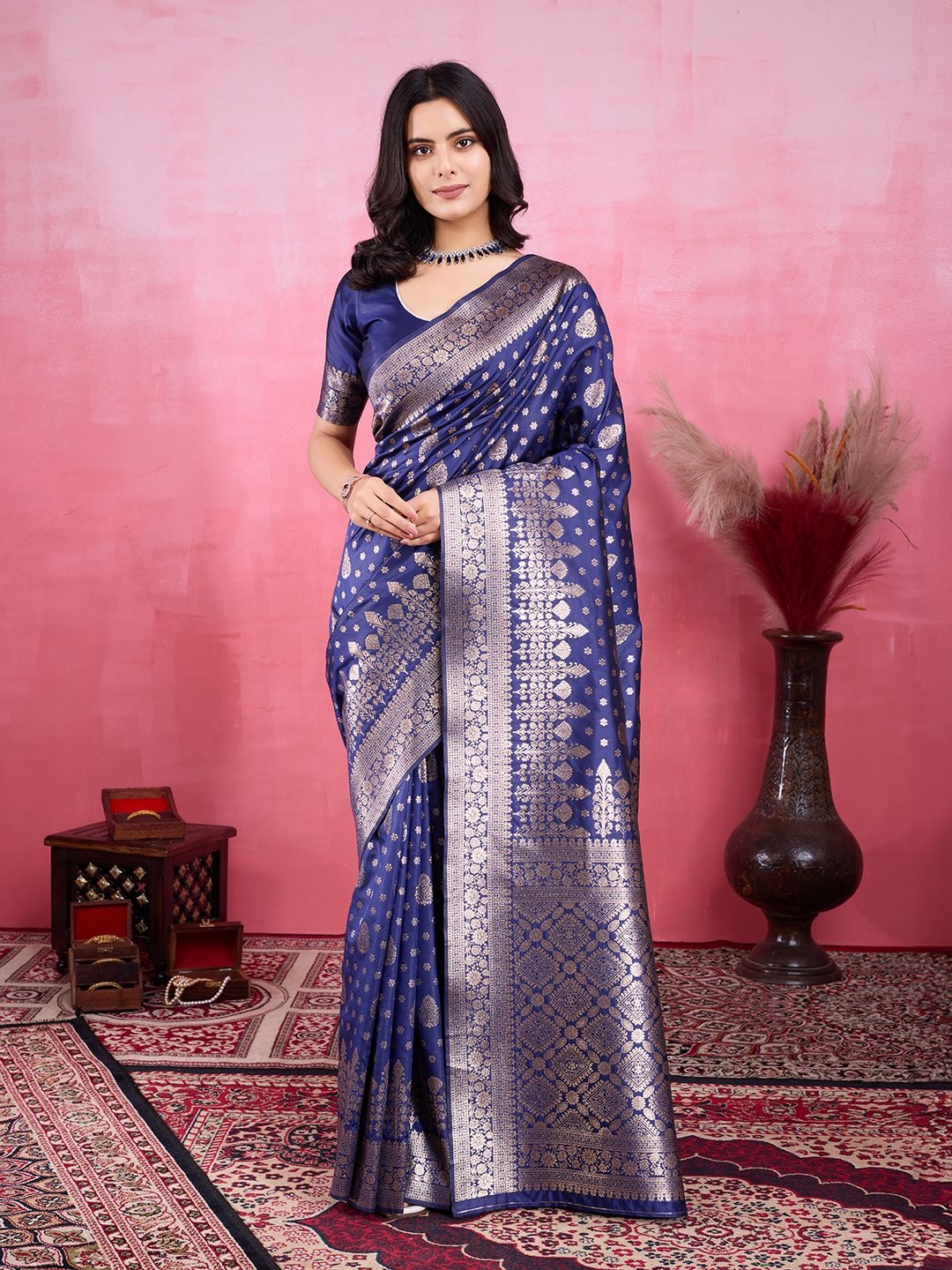 

KALINI Ethnic Motifs Zari Pure Silk Handloom Banarasi Saree, Blue