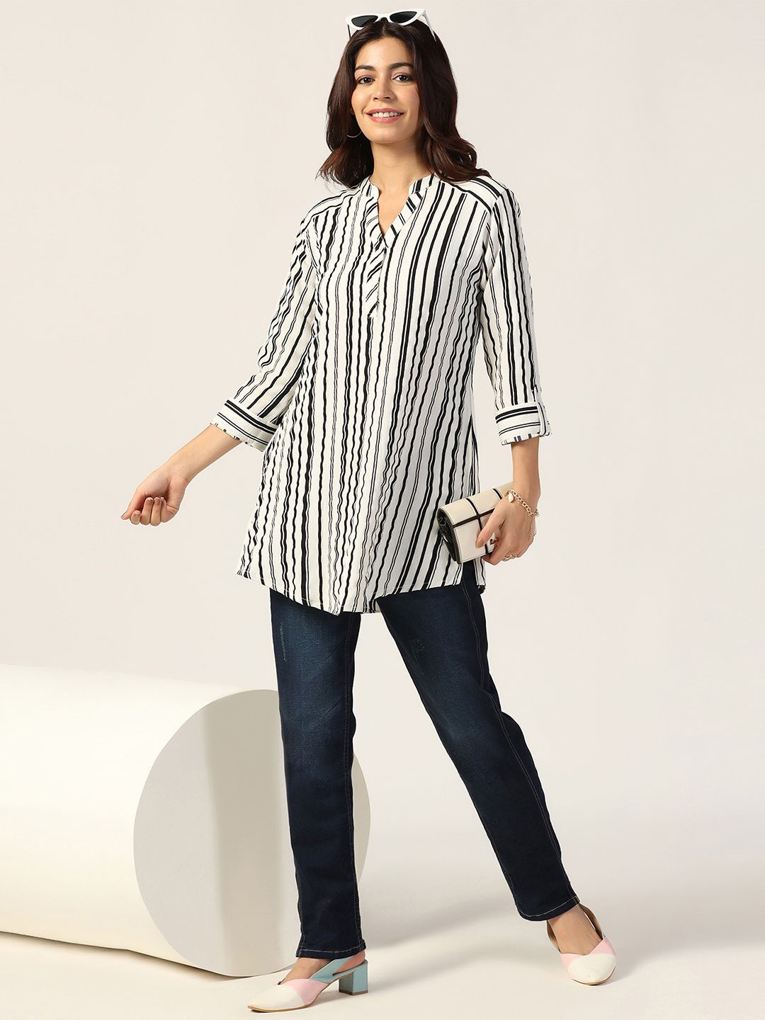 

Mustard Striped Mandarin Collar Tunic, White
